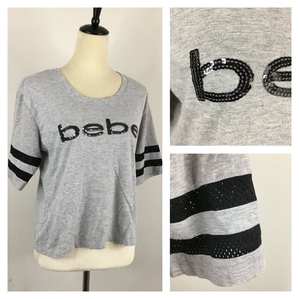 BEBE Sport Gray Black Sequin Logo Mesh Sleeve Insert Top